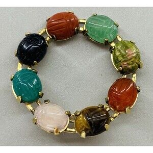 Vintage Sterling Multicolor Scarab Circle Brooch Gold Tone Pin Egyptian Revival